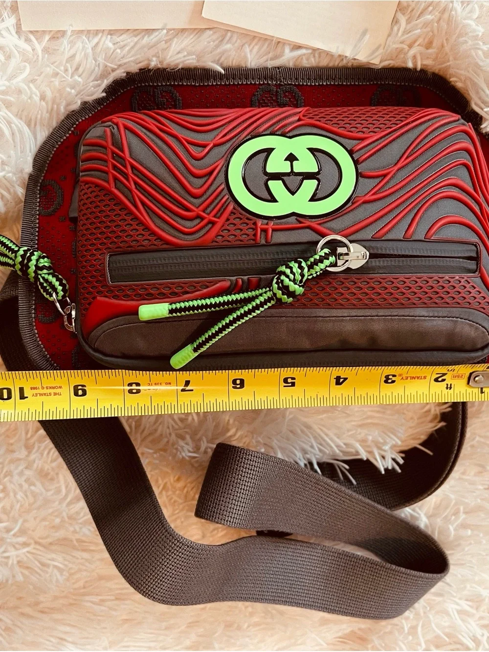 Red Leather Crossbody Belt Bag with Neon Green Accents